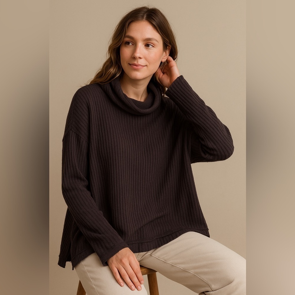Free People Waffle Knit Boho Relaxed Fit Cowl Neck Sweater Size Small